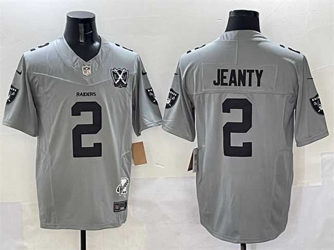 Men%27s Las Vegas Raiders #2 Ashton Jeanty Gray 2025 Draft F.U.S.E. With Nevada Silver Stat Patch And 65th Anniversary Patch Stitched Jersey